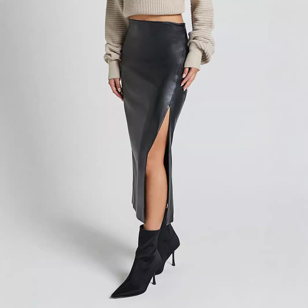 Women's Split Leather High Waist Zipper Sheath Dress Skirts