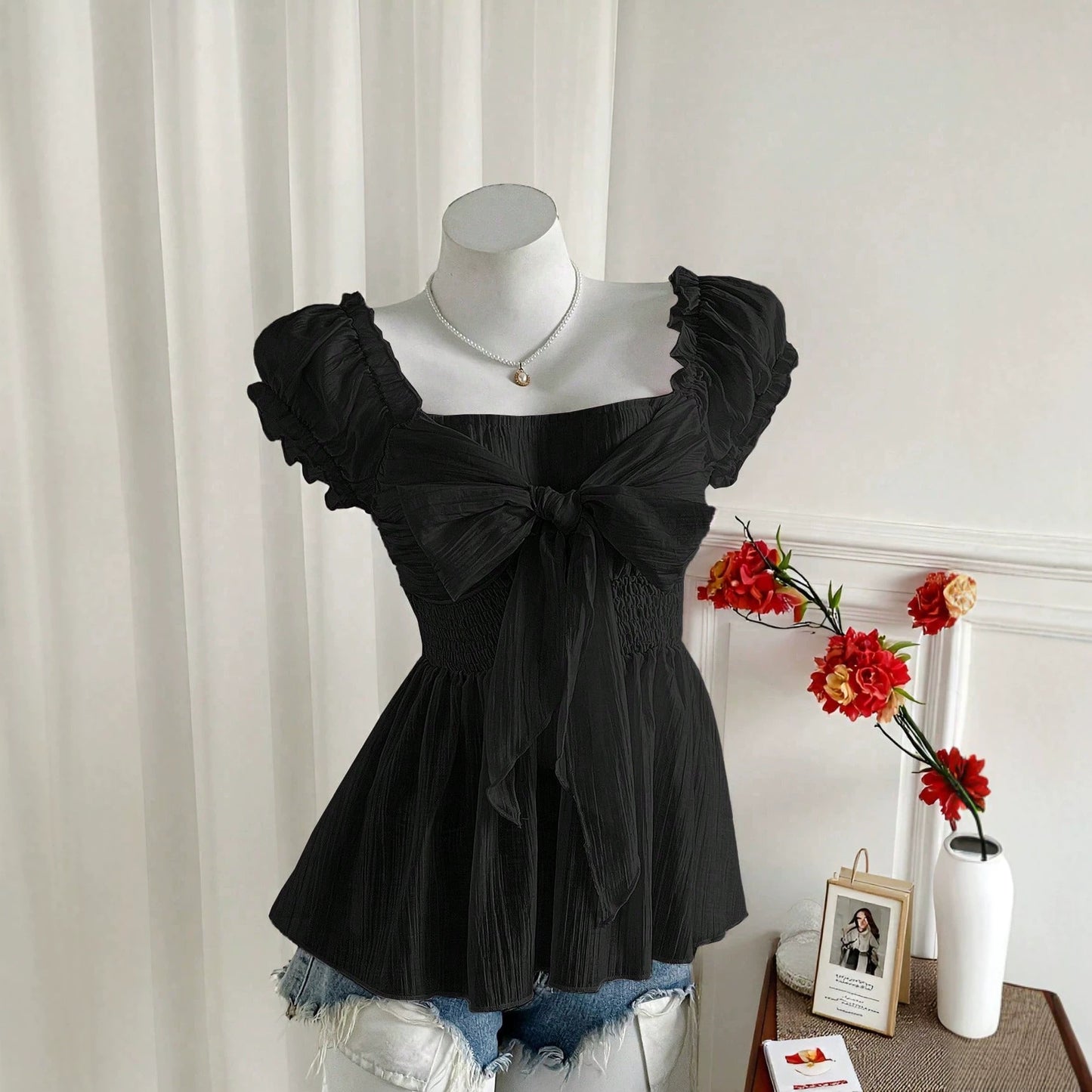 Sweet Fresh Bow Pleated Ruffle Sleeveless French Square Tops