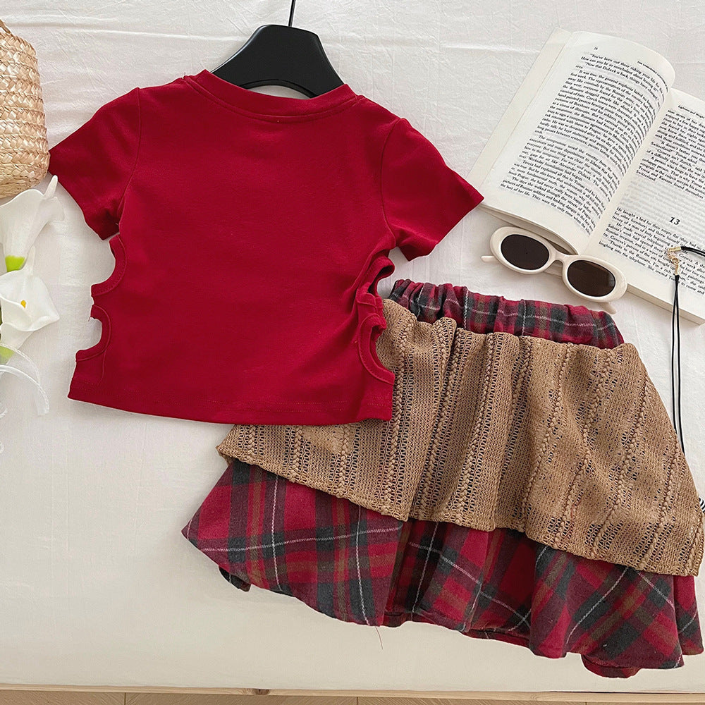 Summer Korean Fashionable Short-sleeved Ripped T-shirt Lace Plaid Skirt Children's Suit