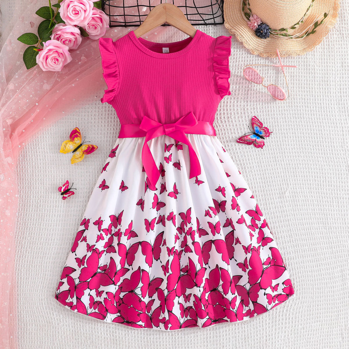 Short-sleeved Flounced Sleeve Sunken Stripe Stitching Butterfly Children's Dress