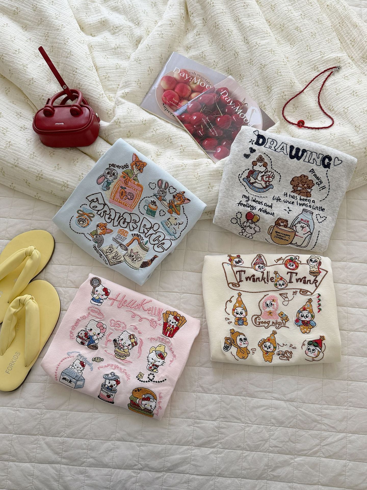 Short-sleeved Summer Cotton Cartoon Embroidered Top Contrast Color Round Neck Children's T-shirt