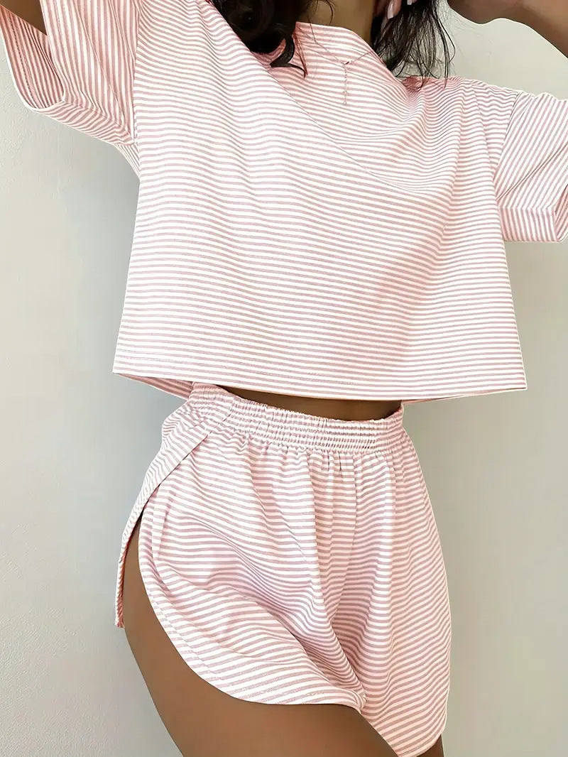 Women's Simple Elastic Waist Comfortable Home Striped Sleeve Fashion Casual Suit