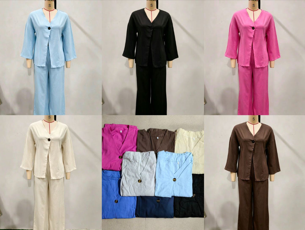 Women's Button Loose Long Sleeve High Waist Fashion Casual Suit