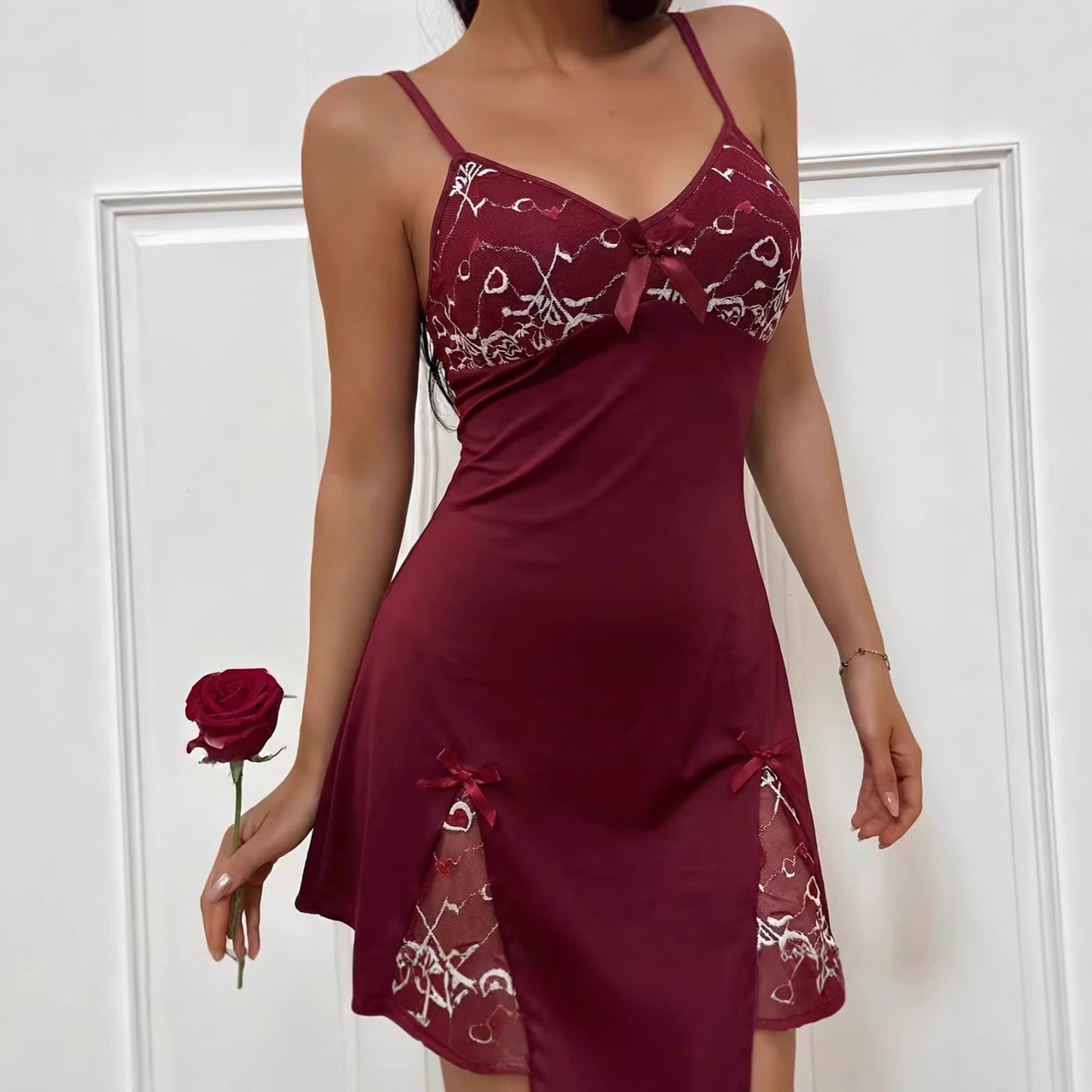 Of Black Red Lace Slip Nightdress Sexy Patchwork Side Slit Small Vest/suspenders/tube Top