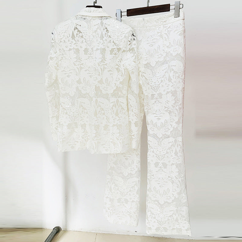 Mesh Embroidered Sequined Trousers Two-piece Set Fashion Casual Suit