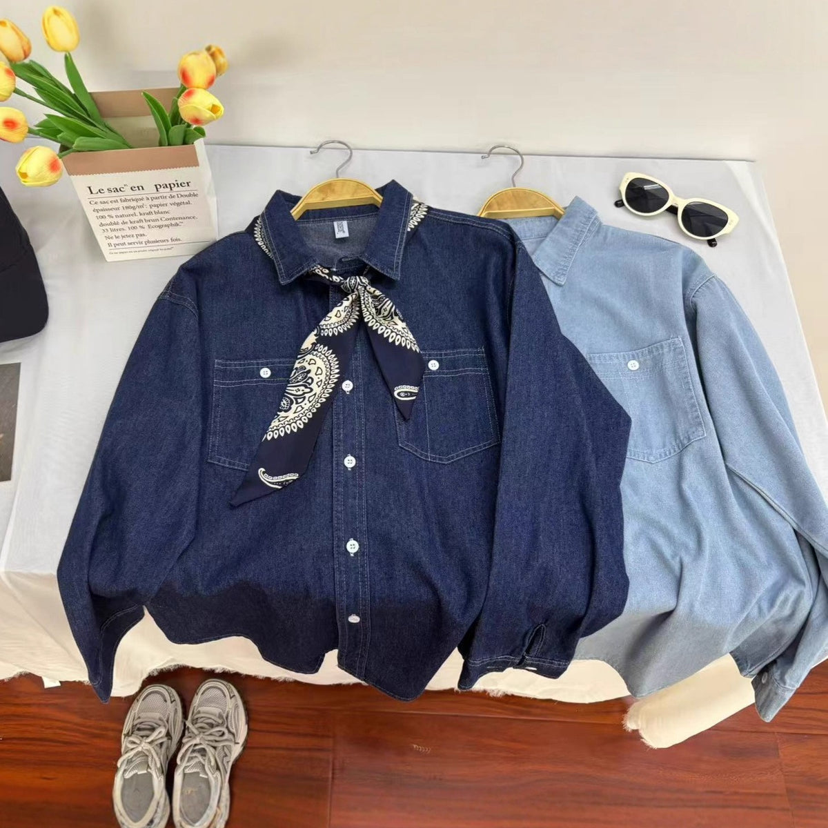 Women's Solid Color Denim Shirt Long Sleeve Blouse