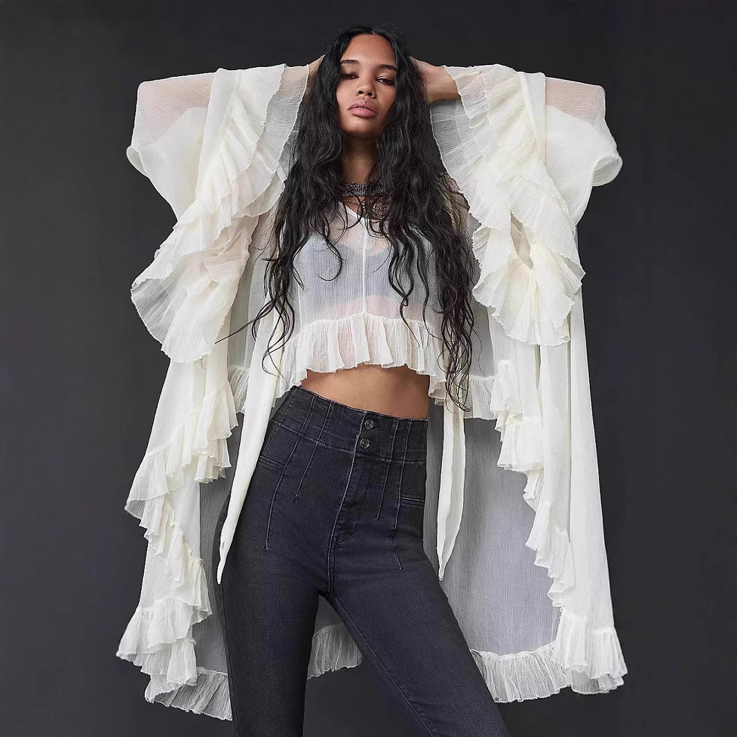Oversized Swing Bow Tie Belt Printed Lantern Sleeve Personalized Lace Shirt, Chiffon Shirt