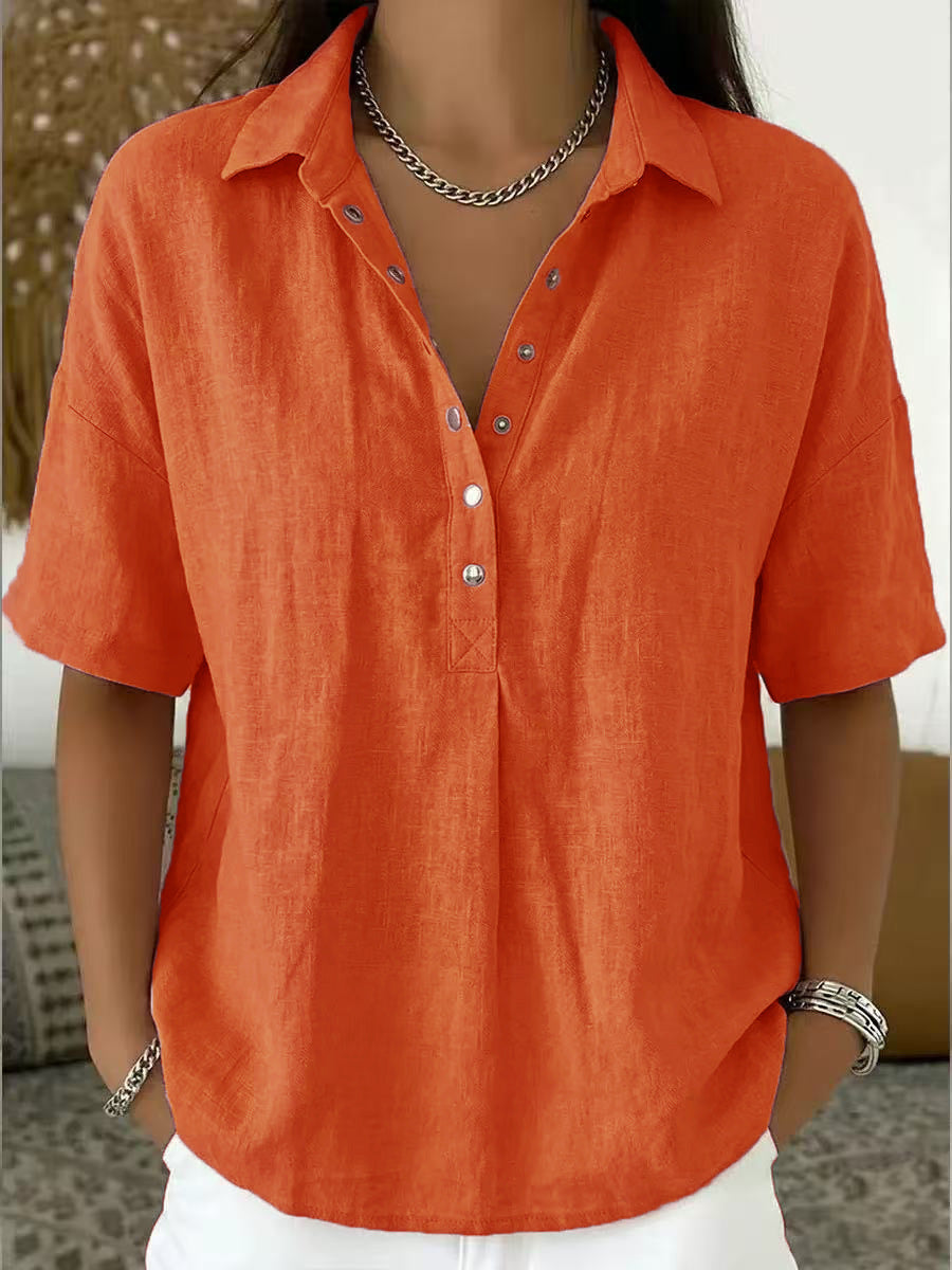 Women's Summer Loose Snap Fastener Lapel Sleeve Solid Color Women's T-shirt