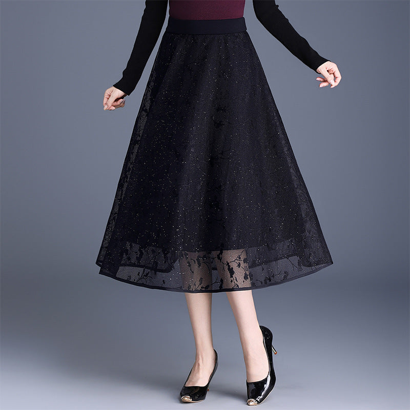 Women's Tulle High Waist Pleated Black Slimming A- Line Skirt