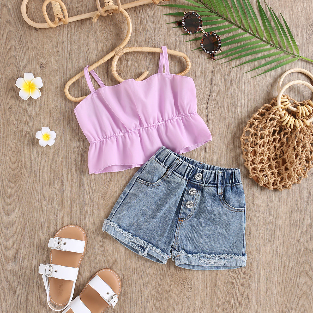 Children's Clothing Strap Pleated Three-dimensional Vest Top Washed Brushed Denim Shorts Children's Suit