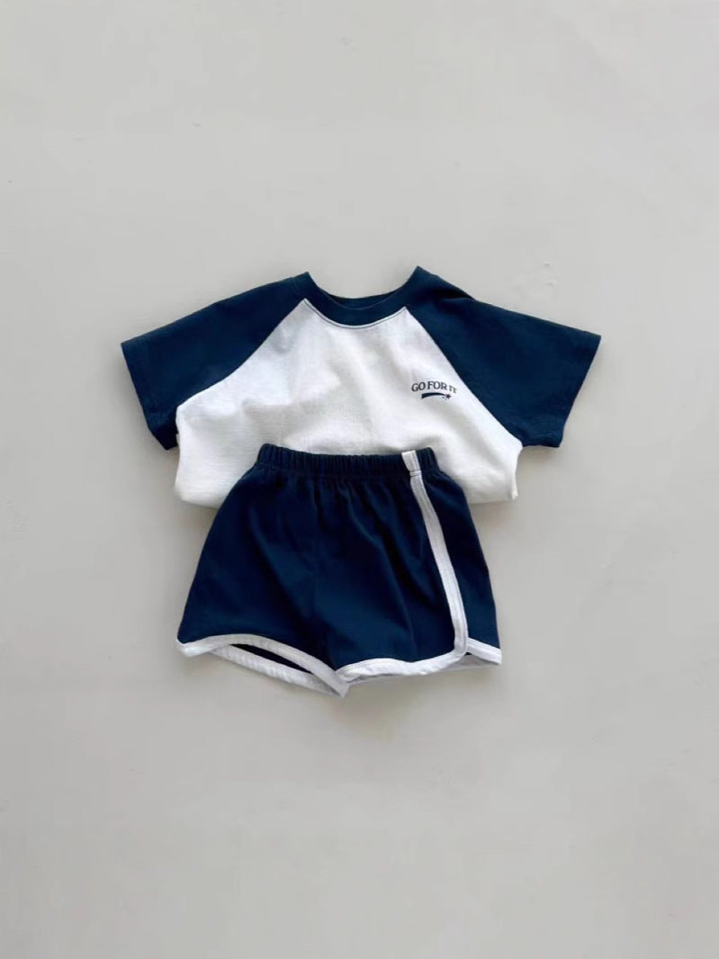 Stitching Sleeves Boy Versatile Fashion T-shirt Shorts English Letters Meteor Children's Suit