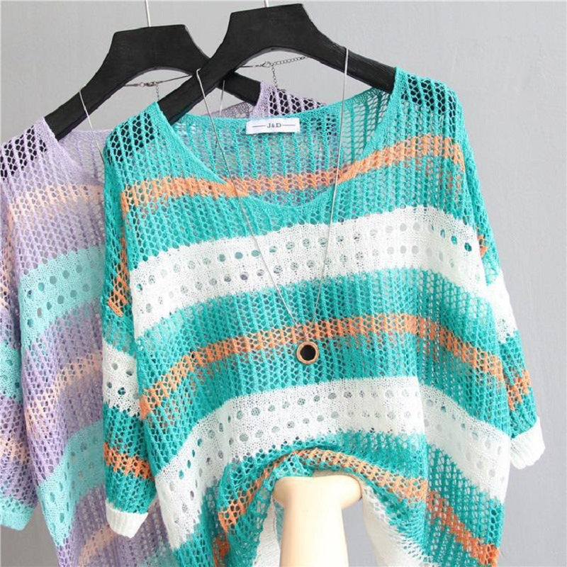 Women's Summer Chic Mesh Small Shirt Thin Loose Large Striped Sleeve Women's T-shirt