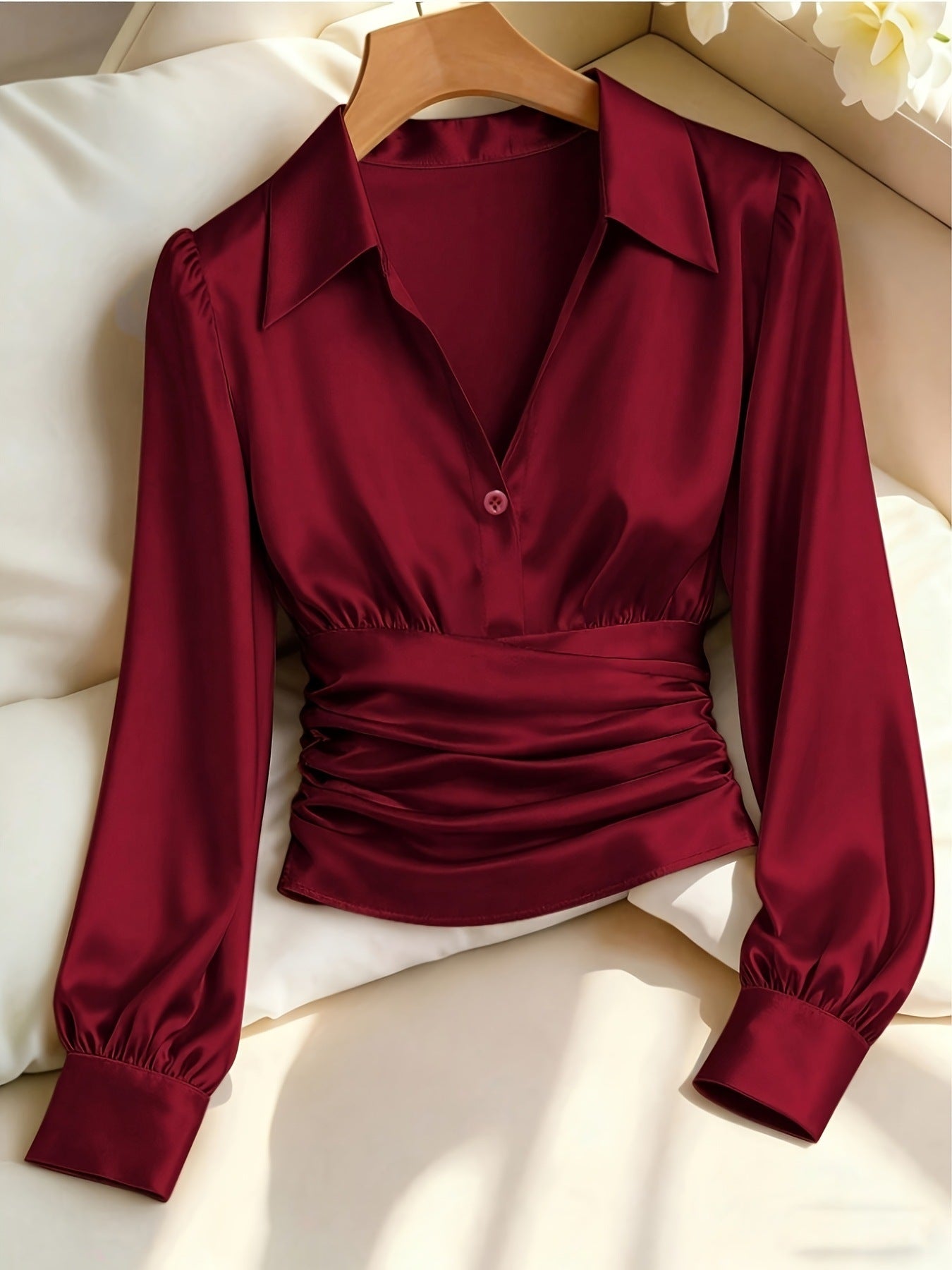 Women's Satin Lapel Shirt Autumn Waist Pleated Elegant Burgundy Collar Puff Blouse