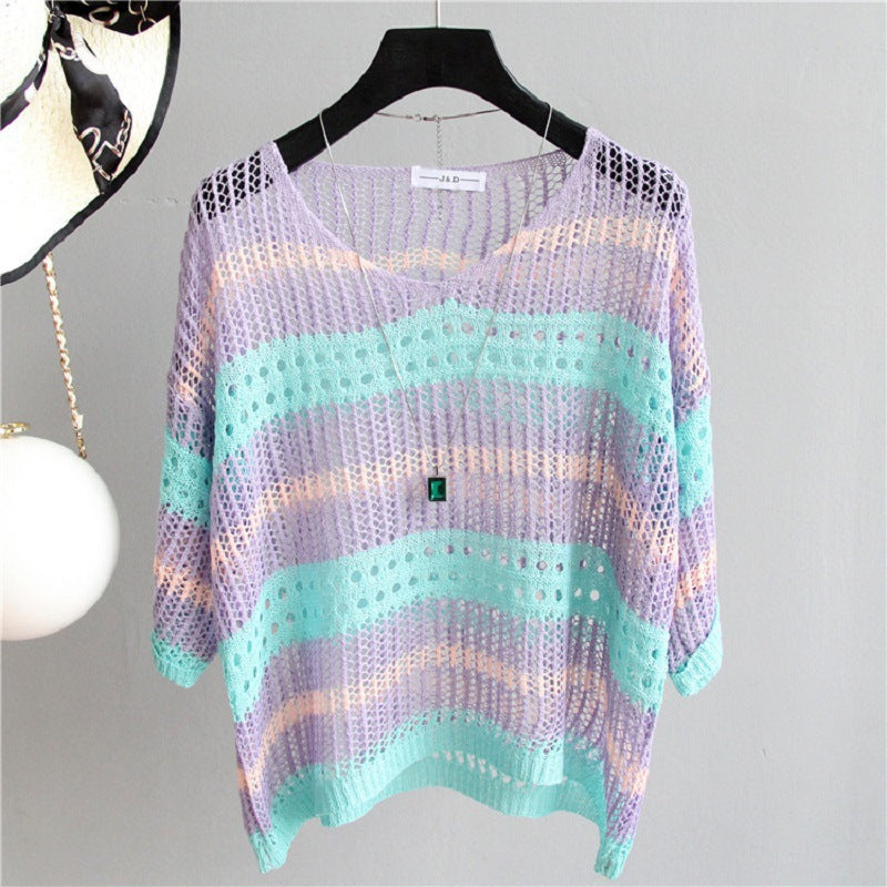 Women's Summer Chic Mesh Small Shirt Thin Loose Large Striped Sleeve Women's T-shirt