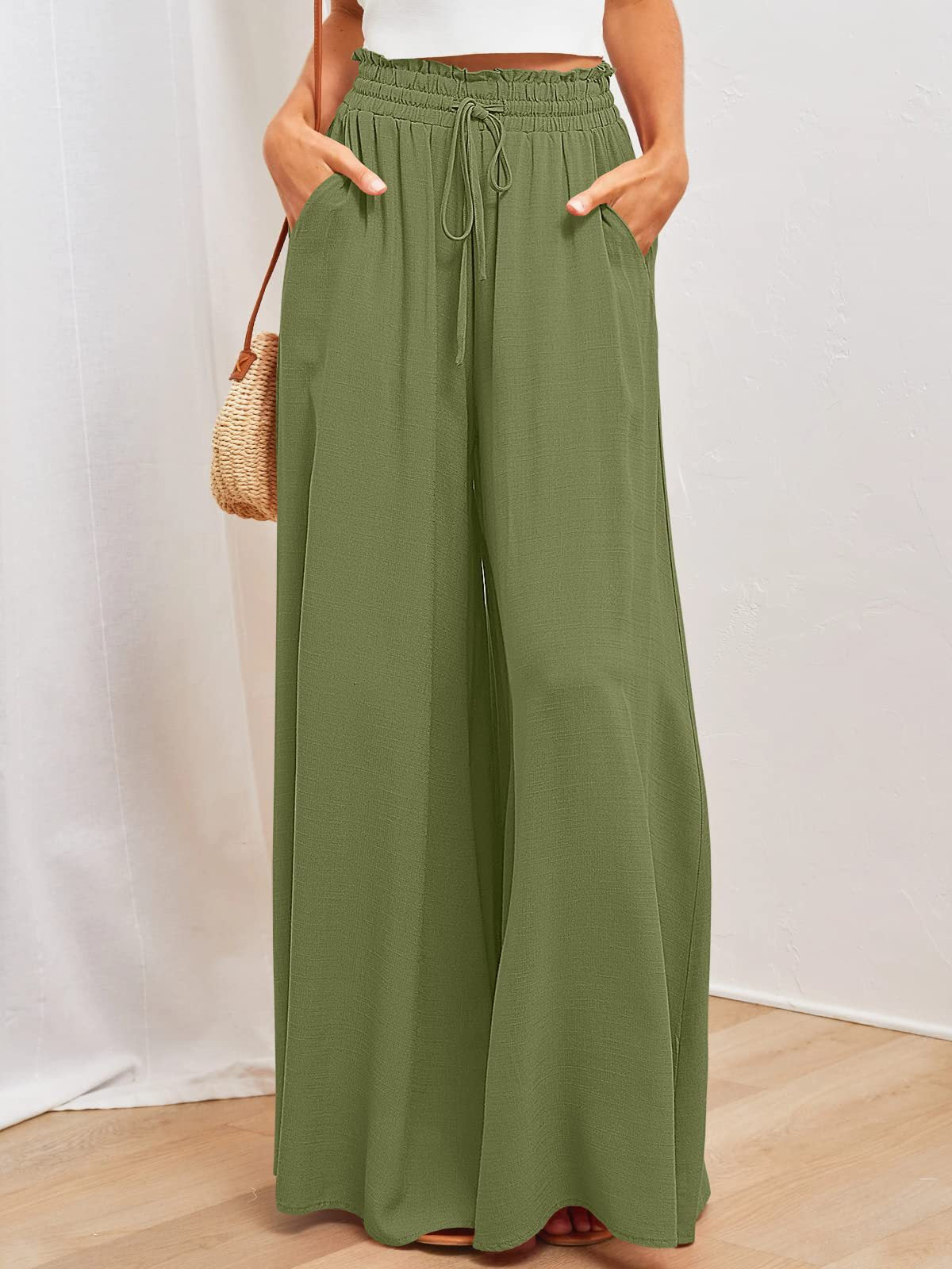 Women's Elastic Waistband Wide Leg High Waist Long Pants