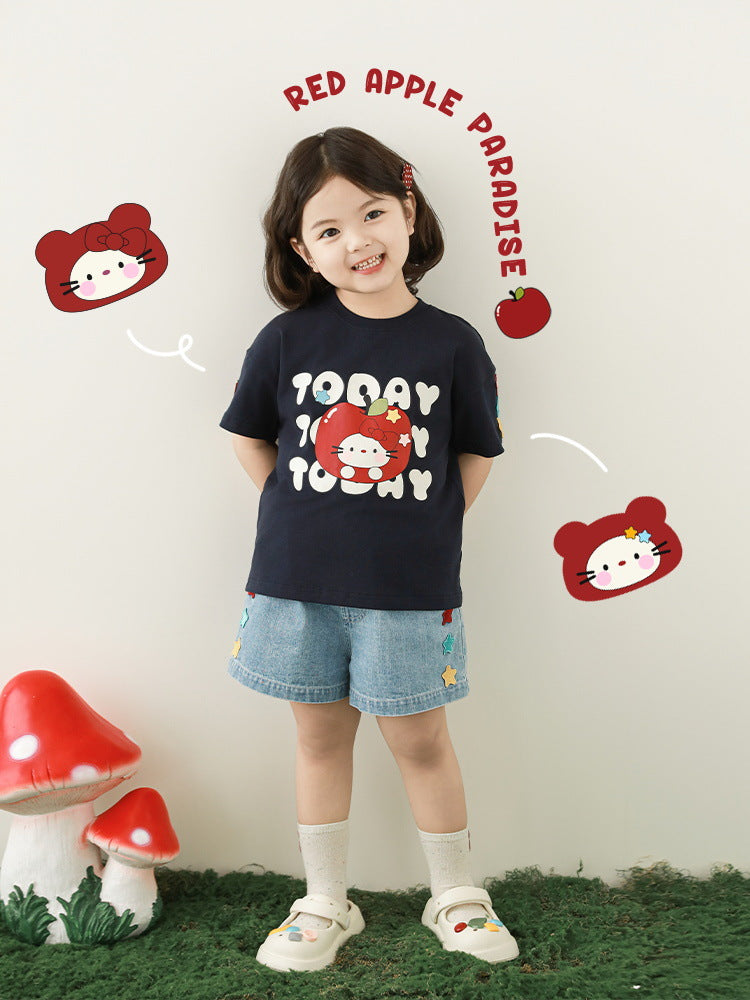 Summer Cat Printing Affixed Cloth Embroidered Standard Children's T-shirt