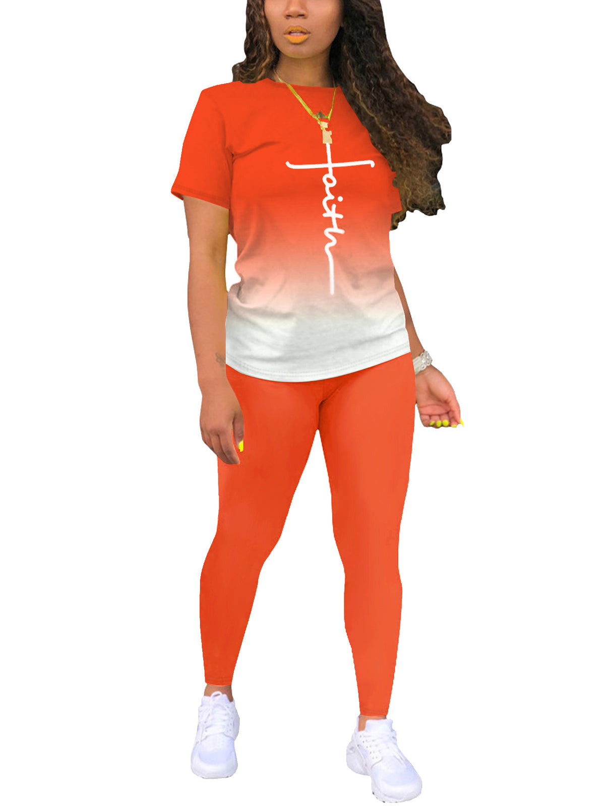 Women's Solid Color Gradient Printing Round Neck Sleeve T-shirt Fashion Casual Suit