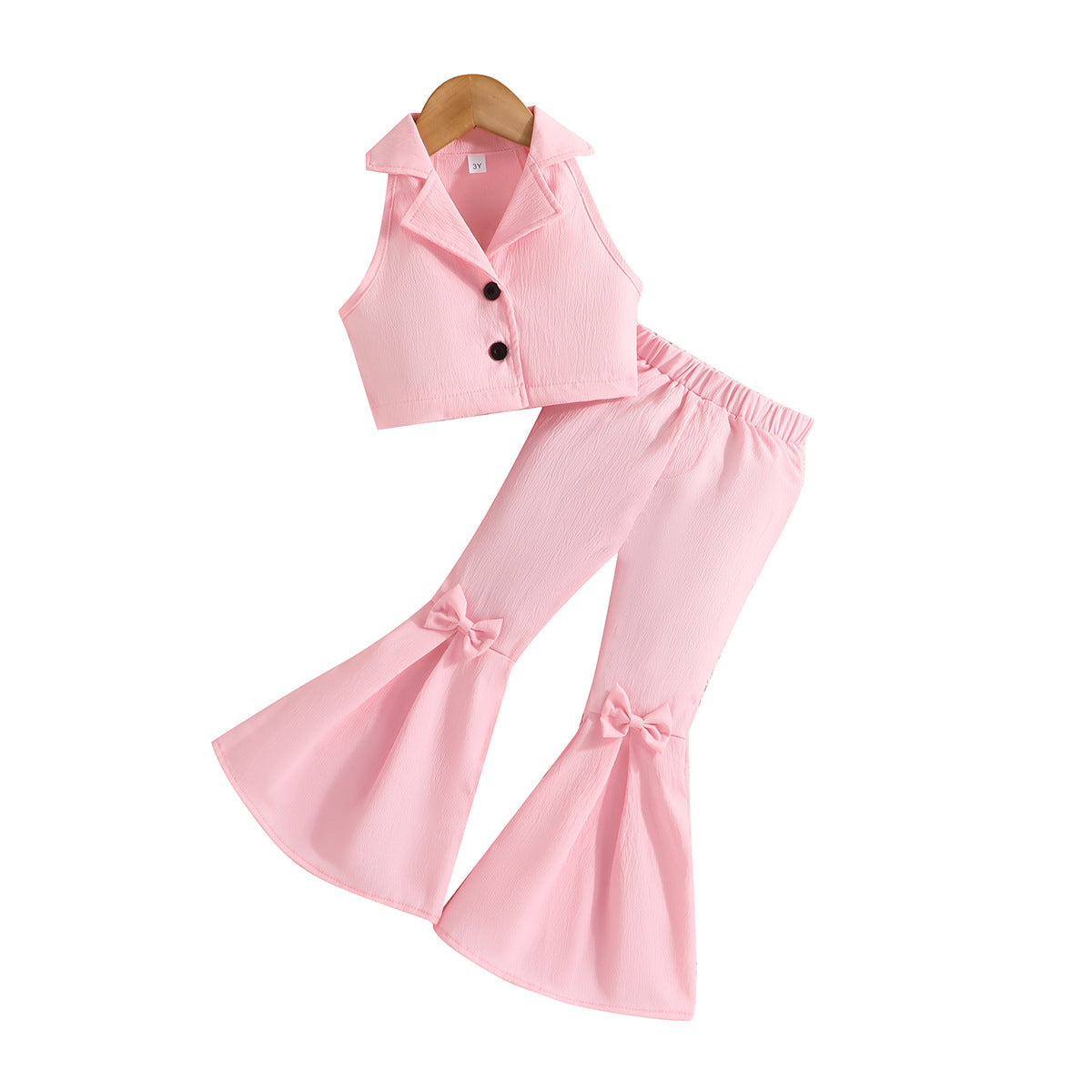 Sleeveless Short Top Solid Color Bow Flared Pants Two-piece Children's Suit