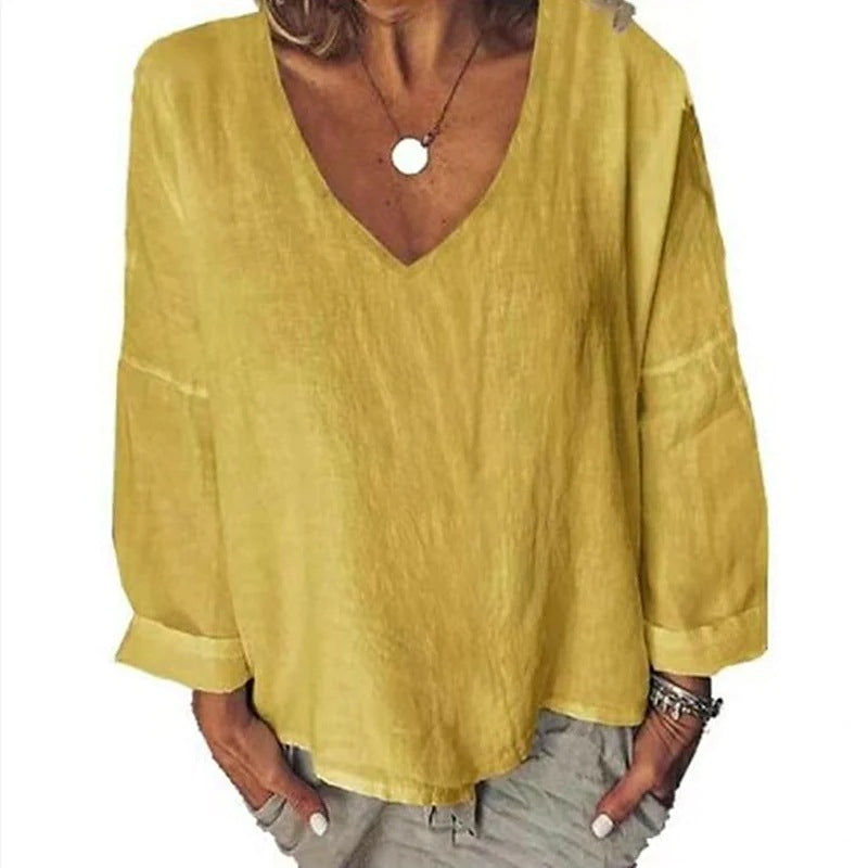 Women's Large Cotton Linen Solid Color Long-sleeved Blouse