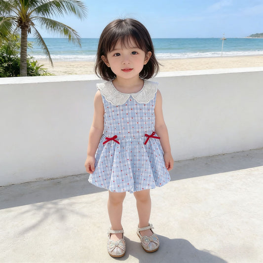 Women's & Children's Summer Blue Plaid Heart Printing Vest Children's Dress