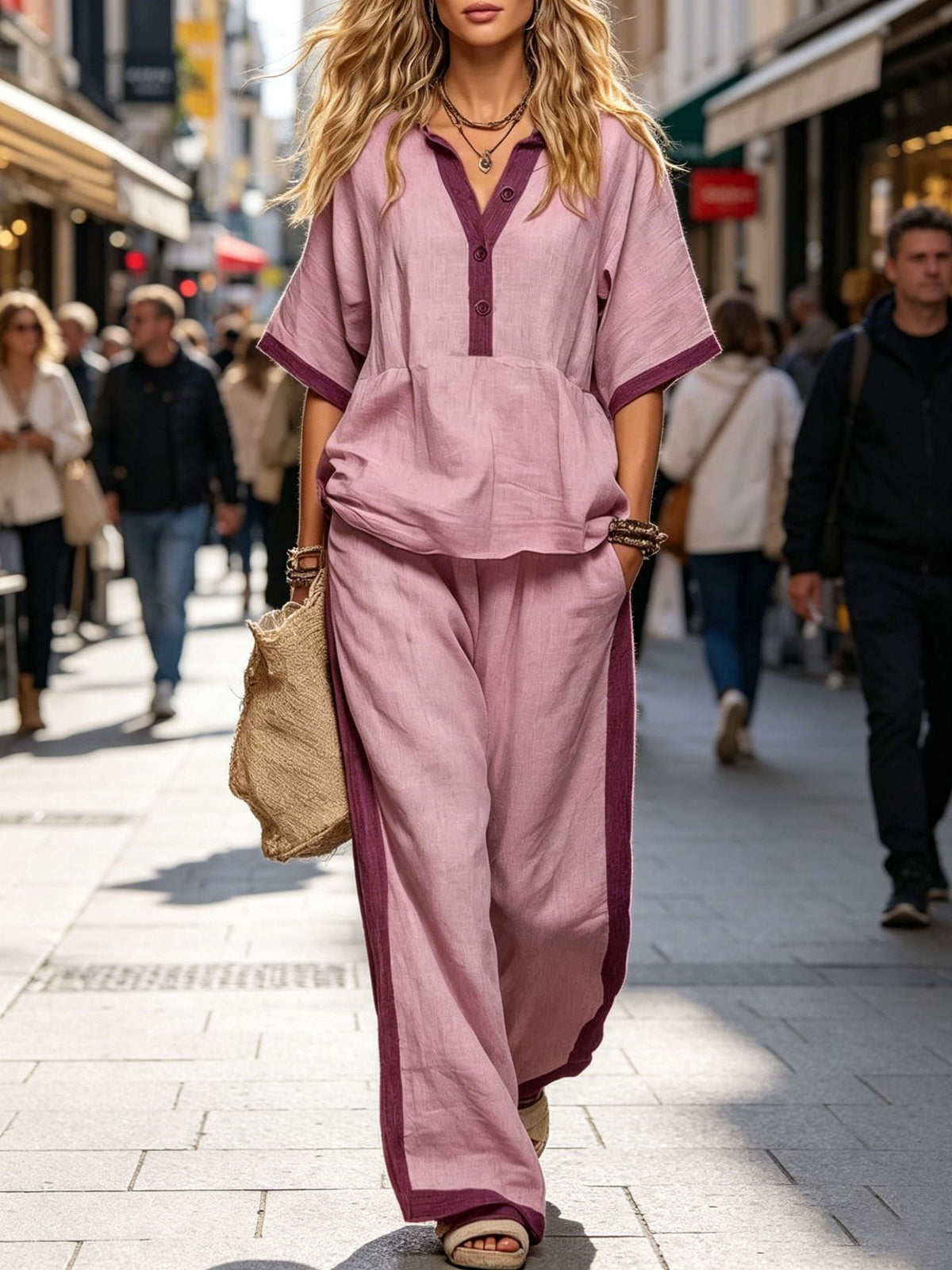 Women's Sleeves Loose Solid Color Elastic Waist Wide Fashion Casual Suit