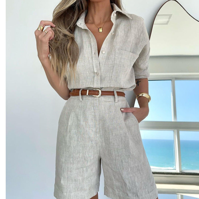 Women's Solid Color Long Sleeve Shirt Belt Fashion Casual Suit