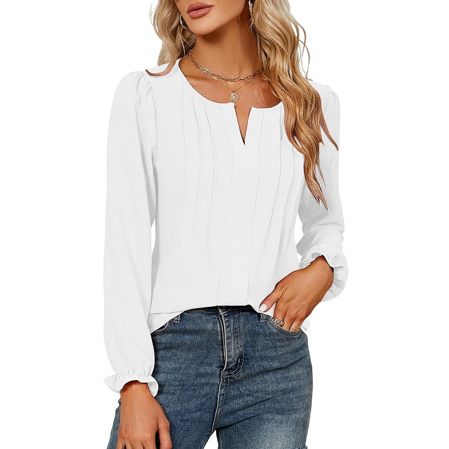Women's Casual Solid Color Long Sleeve Stripes Lace Shirt, Chiffon Shirt