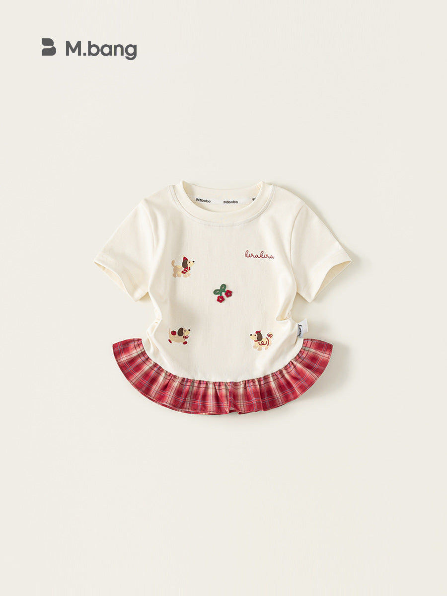 Children's Clothing Short-sleeved Summer Plaid Stitching Little Cartoon Printed Fake Two-piece Children's T-shirt