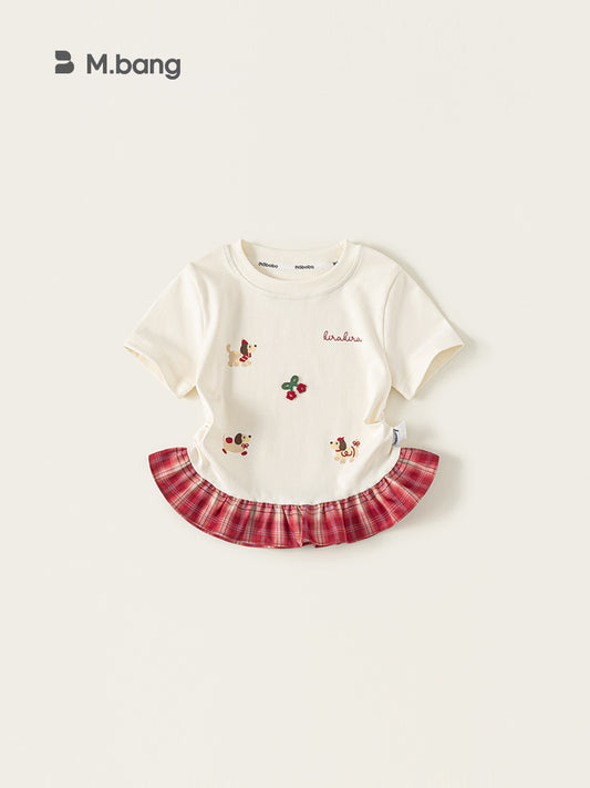 Children's Clothing Short-sleeved Summer Plaid Stitching Little Cartoon Printed Fake Two-piece Children's T-shirt