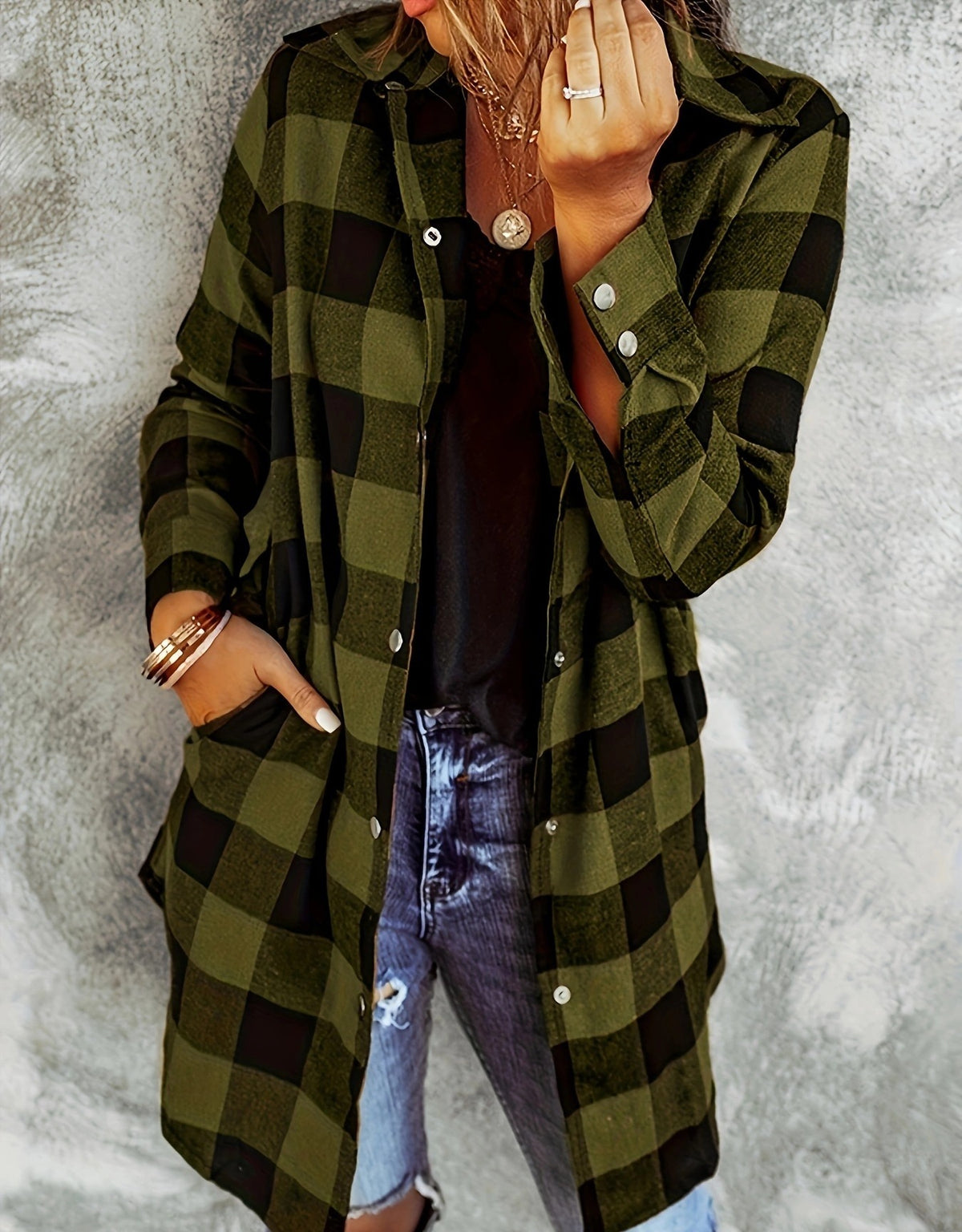 Women's Long Sleeve Plaid Lapel Loose Casual Jackets
