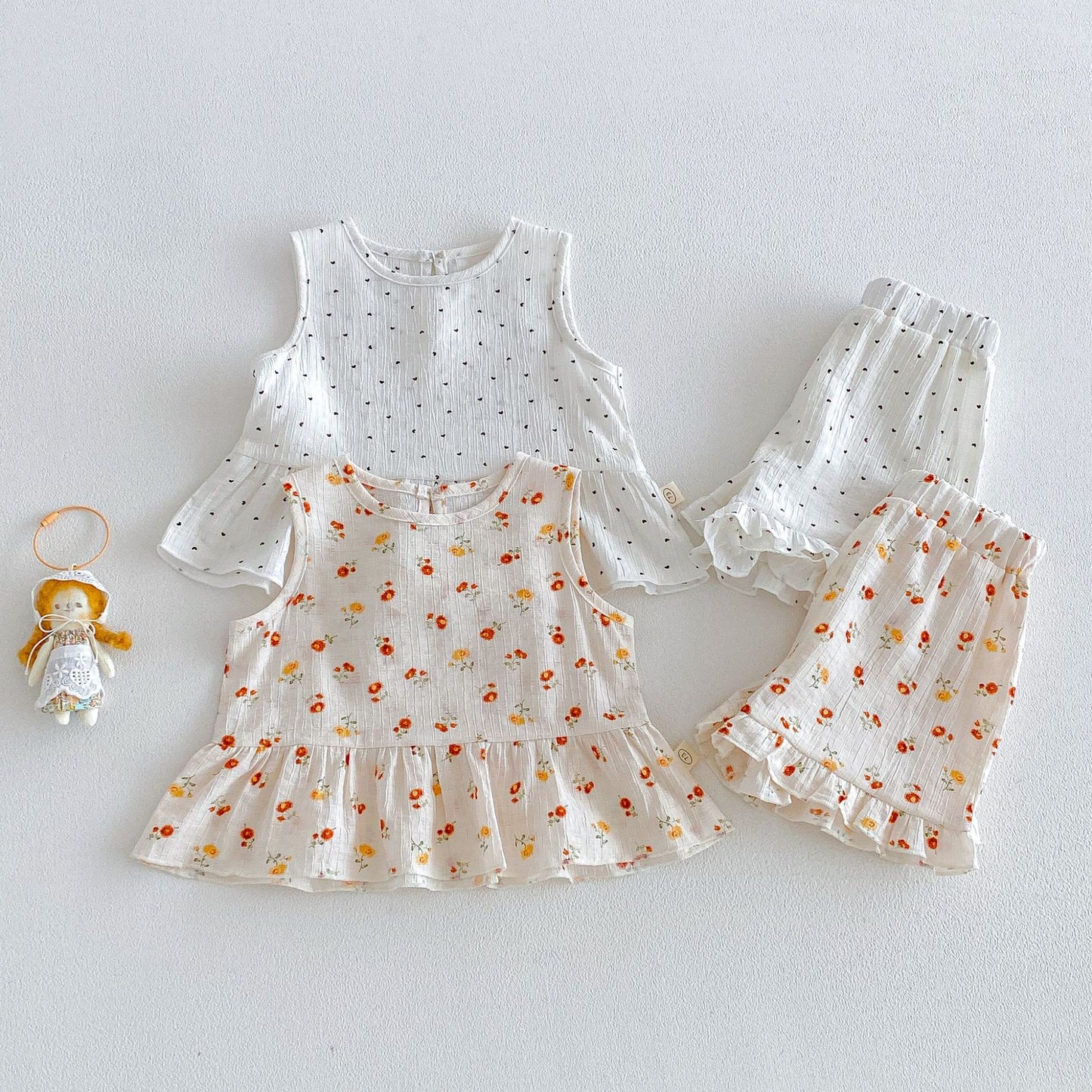 Full Printed Love Summer Korean Floral Doll Shirt Lace Shorts Children's Suit