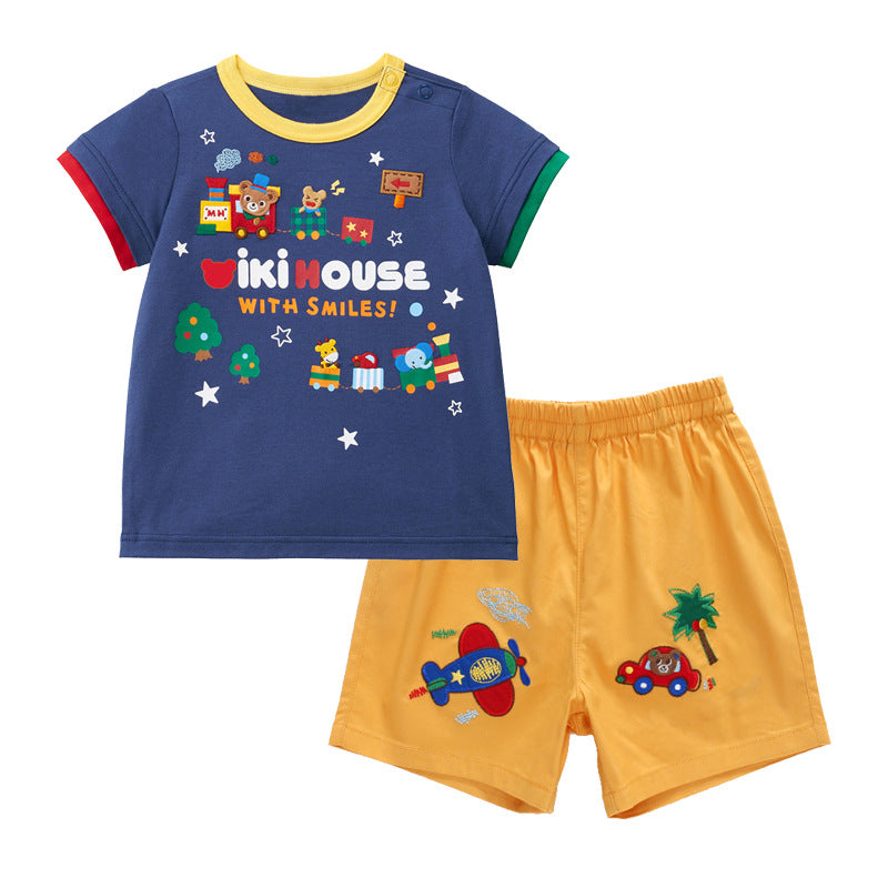 Children's Clothing Boy Cartoon Good Friend Train Bear Embroidery Children's T-shirt
