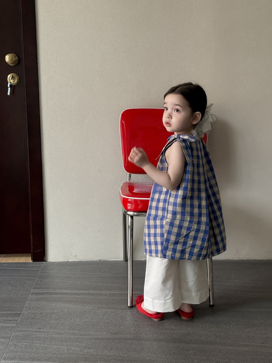 Blue Plaid White Wide Summer Korean Children's Dress