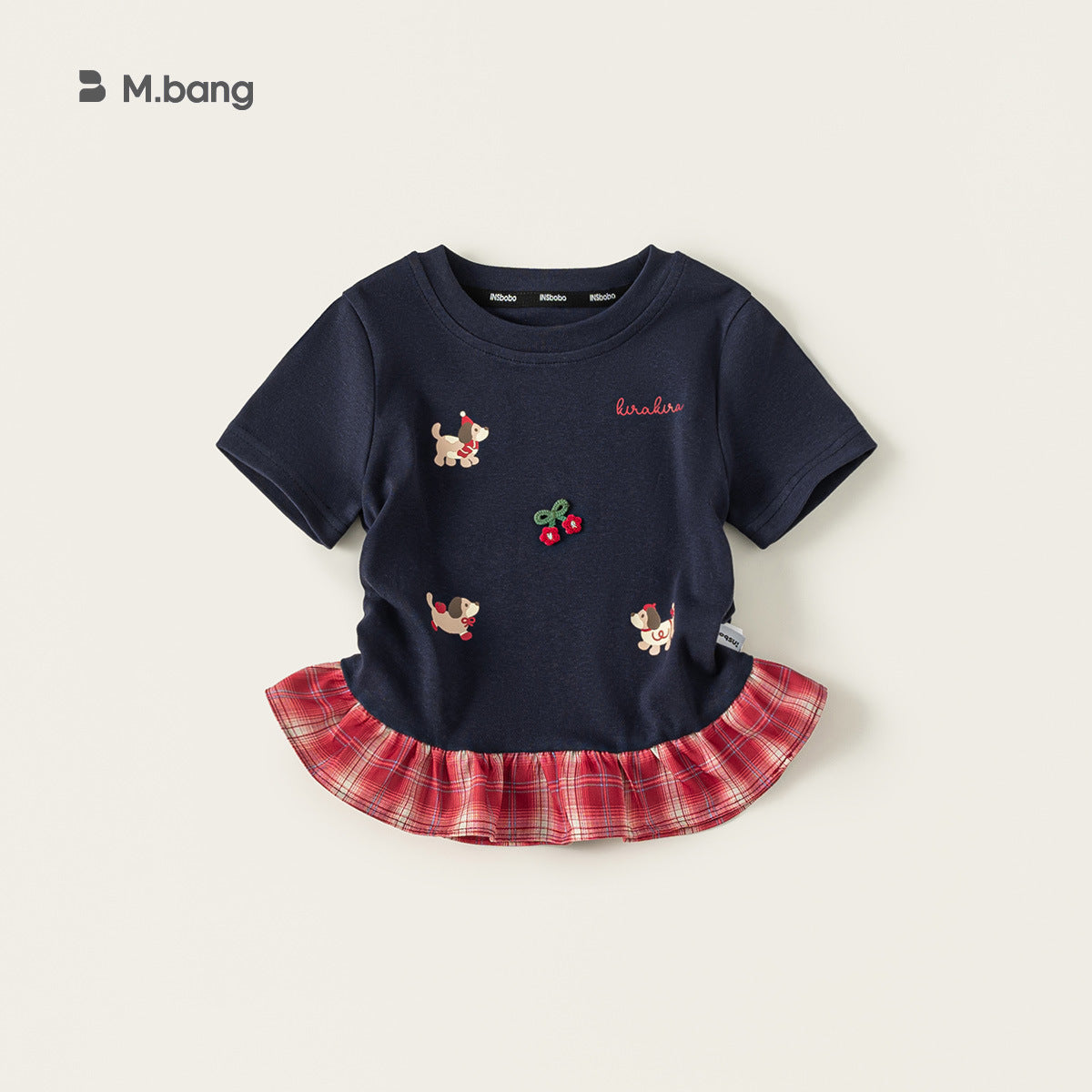 Children's Clothing Short-sleeved Summer Plaid Stitching Little Cartoon Printed Fake Two-piece Children's T-shirt