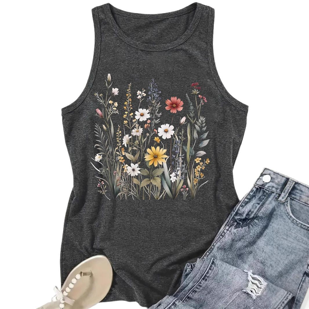 Women's Floral Print Sleeveless T-shirt Round Neck Pullover Small Vest/suspenders/tube Top