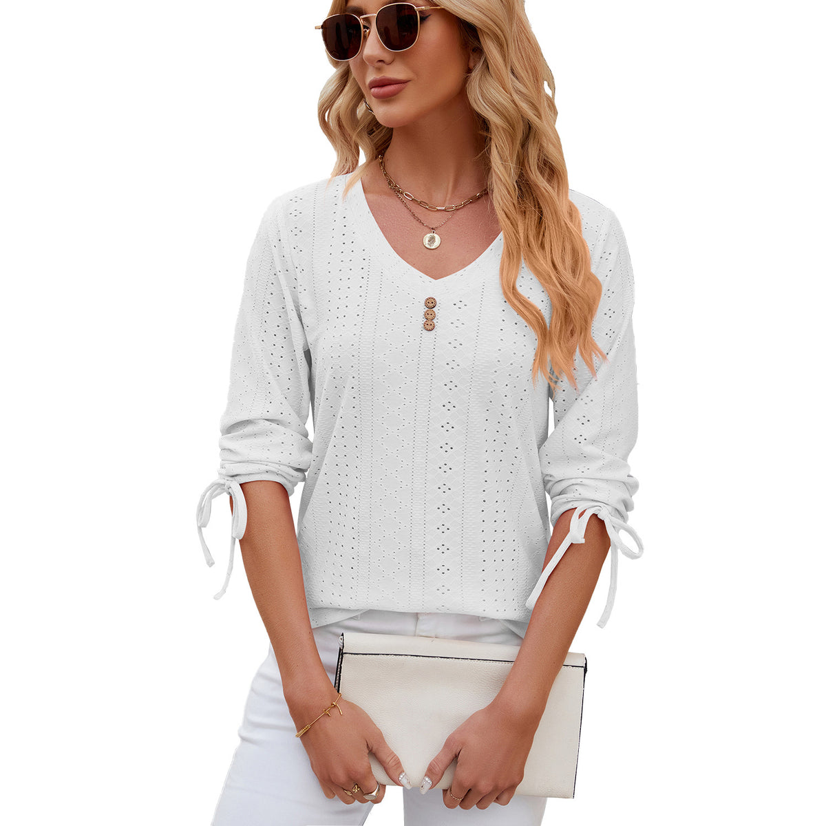 Women's Button Solid Color Half Sleeves Loose-fitting Women's T-shirt