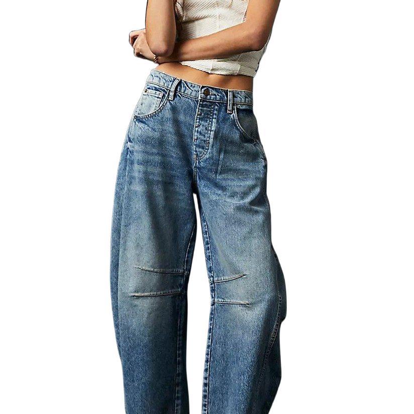 Women's Loose Waist Washed Denim Dark Blue Jeans