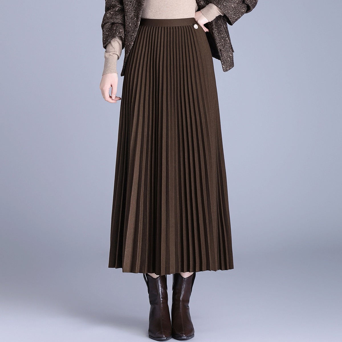 Thick Wool Pleated Female Dress High Waist Drape Elastic Skirts