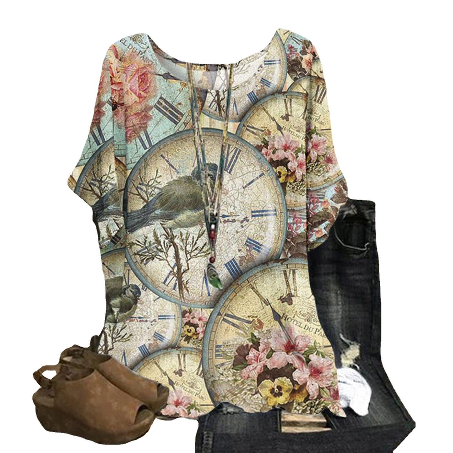 Women's Summer Loose Print Crew Neck Casual Women's T-shirt