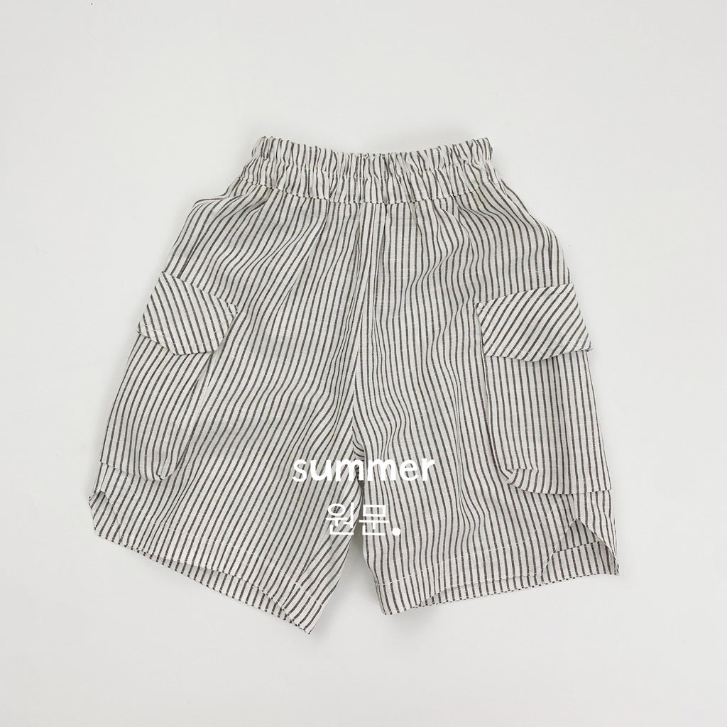 Children's Shorts Summer Korean Lightweight Casual Striped Cotton Linen Work Clothes Children's Pants