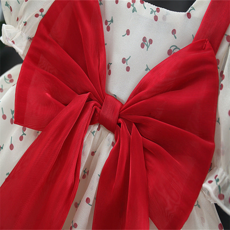 Cherry Princess Puff Sleeve Bow With Sun Children's Dress