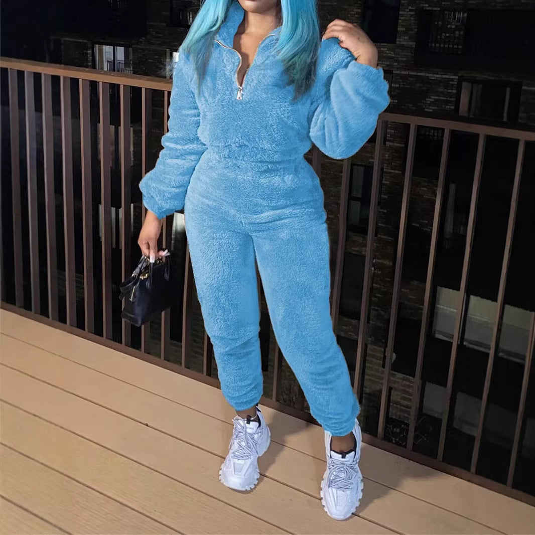 Women's Solid Color Long-sleeved Trousers Plush Fashion Casual Suit
