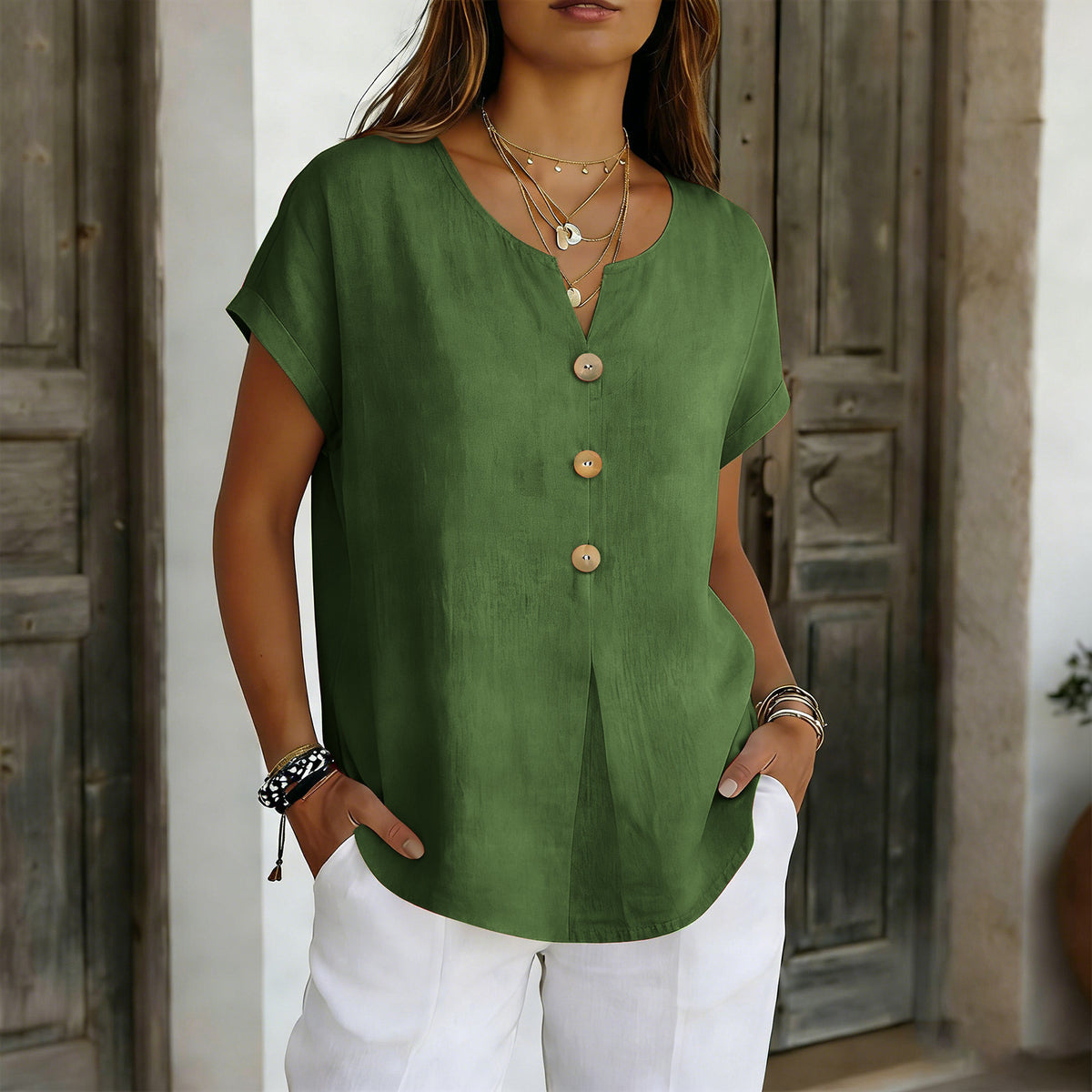 Women's Summer Solid Color Fashion Sleeve Button Cotton Linen Women's T-shirt