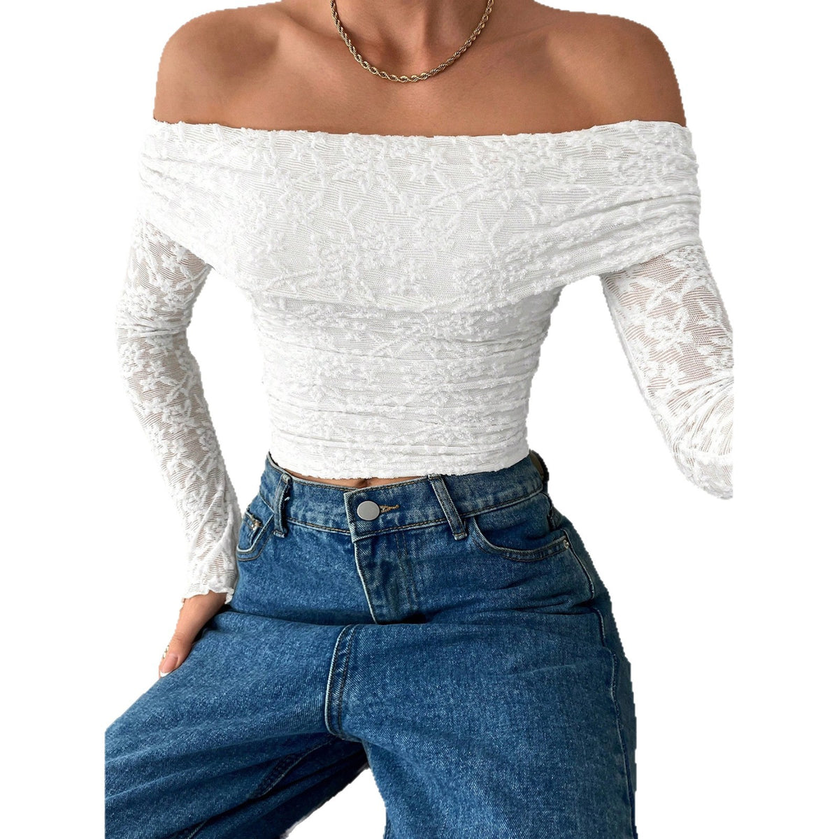 Women's Flower Long Sleeve Backless Versatile Slimming Lace Shirt, Chiffon Shirt