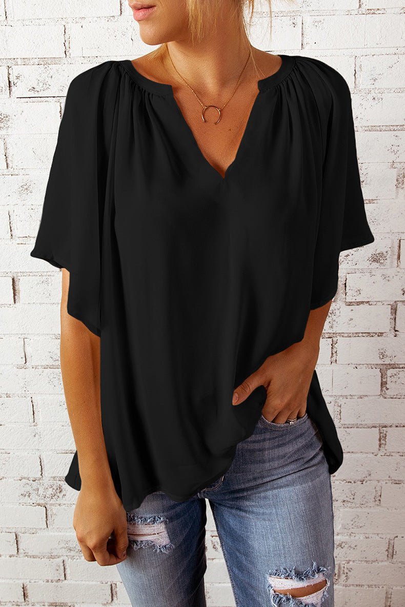 Women's Summer Loose Half Sleeve T-shirt Pullover Lace Shirt, Chiffon Shirt