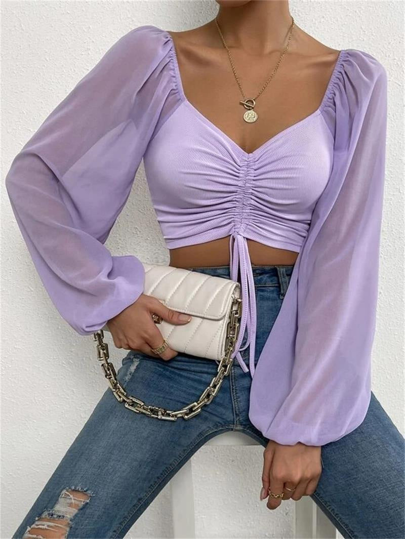 Women's Summer Chiffon Drawstring Lantern Sleeve Skinny Fashion Tops