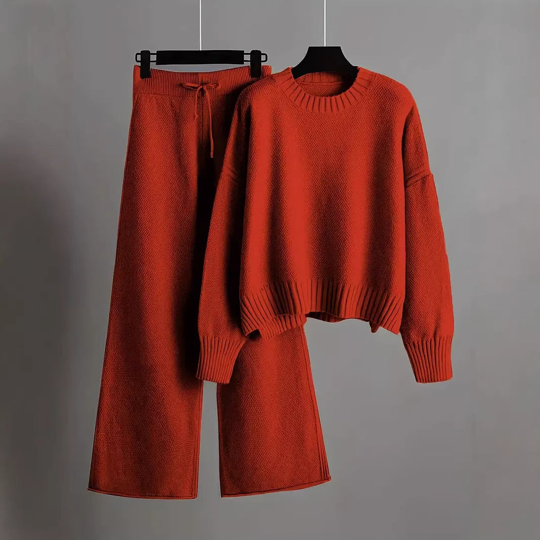 Women's Knitted Two-piece Crew Neck Pullover Straight Fashion Casual Suit