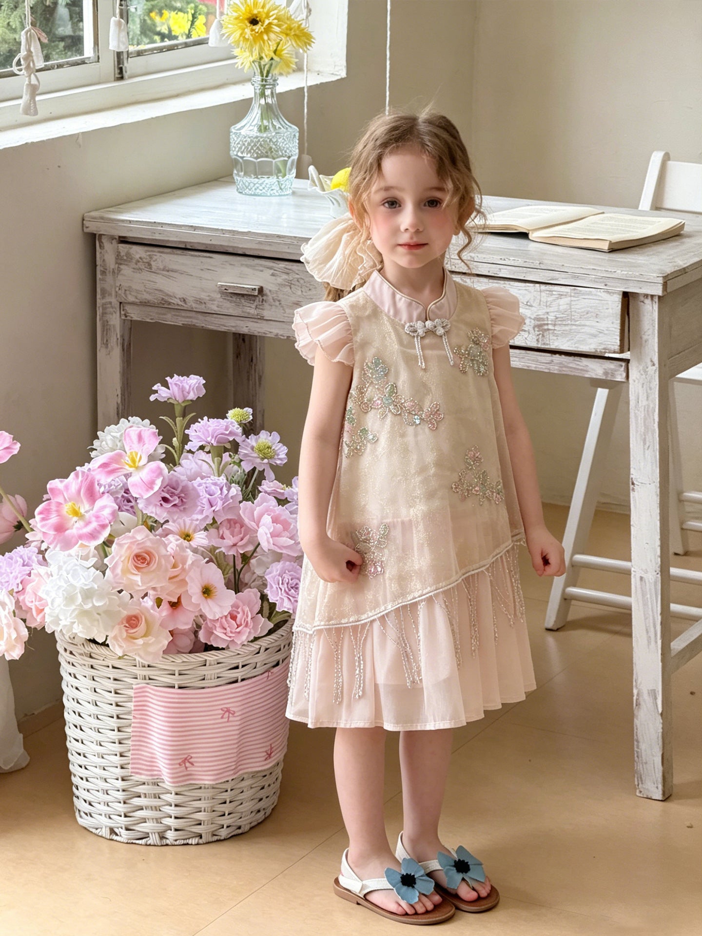 Summer Cotton Embroidery Beads Mesh Princess Children's Dress