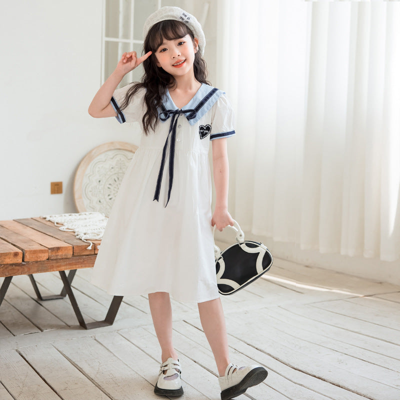 Children's Princess White Lapel Medium Large Dresses Children's Dress