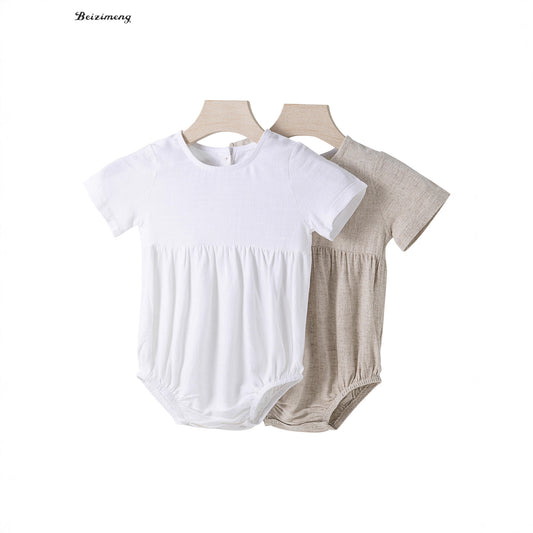 Summer Linen Born Jumpsuit Solid Color Short Sleeve Jumpsuit, Climbing Suit